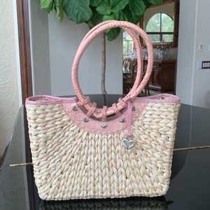 Brighton Pink leather and Woven Straw Handbag